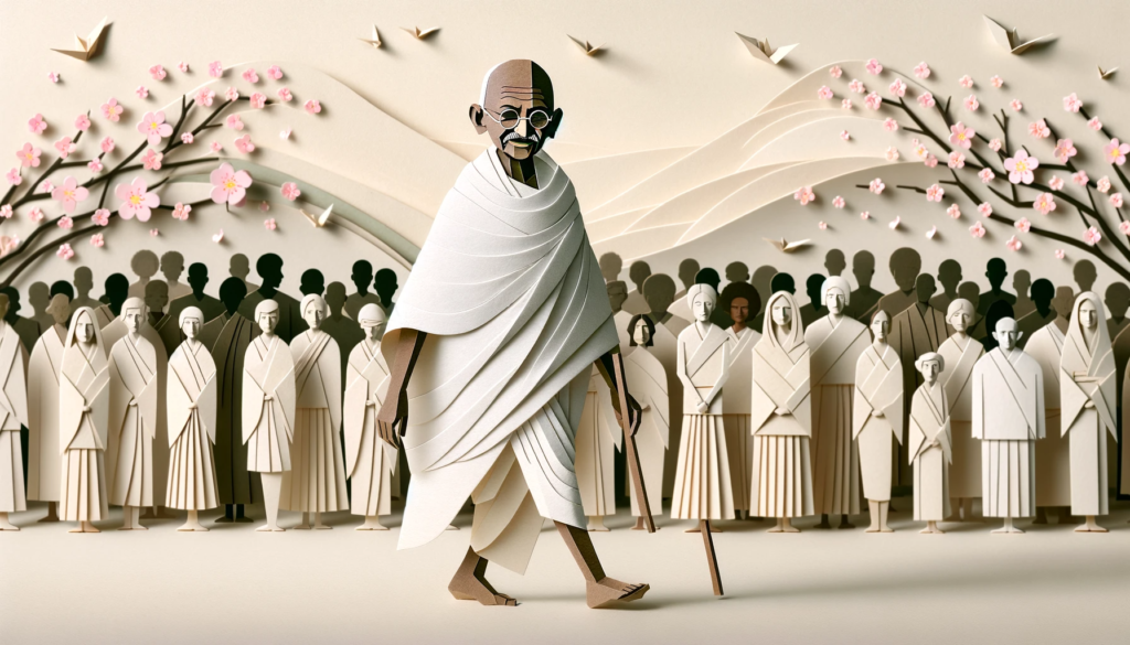 Mahatma Gandhi walking with followers