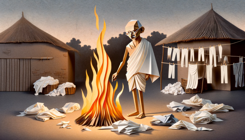 Mahatma Gandhi burning foreign clothes during Satyagrah