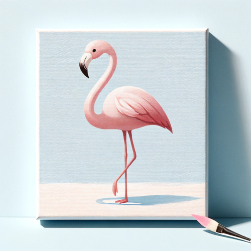 Mini canvas art of a flamingo in a classic pose with minimal detail, set against a clear, light blue background