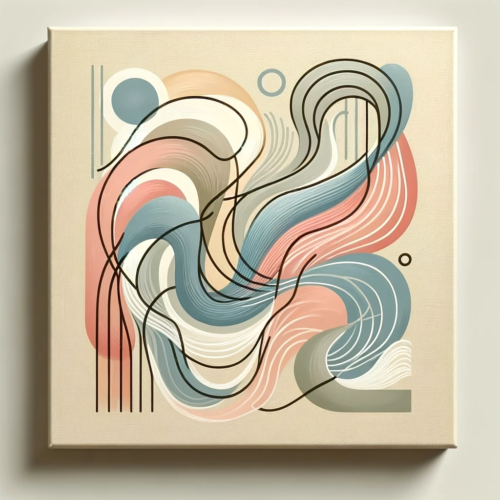 abstract art depicting simple, flowing shapes and lines in pastel colors, creating a sense of movement and fluidity against a neutral background.